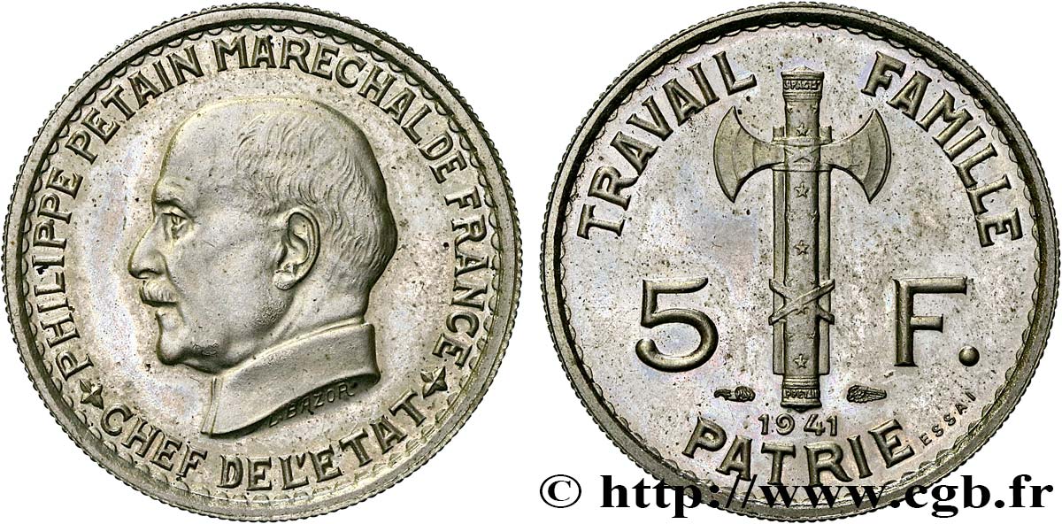 Essai de 5 francs Pétain en fer nickelé, 3e projet de Bazor (type adopté) 1941 Paris GEM.142 60 MS62 