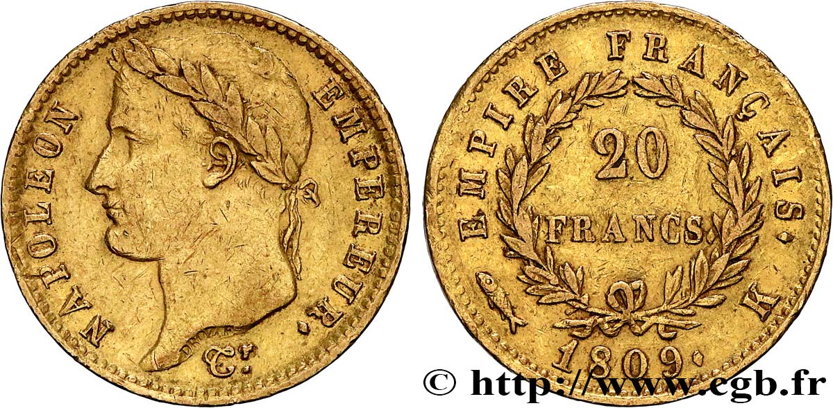 20 francs or Napoléon, tête laurée, Empire français 1809 Bordeaux F.516/3 SS40 
