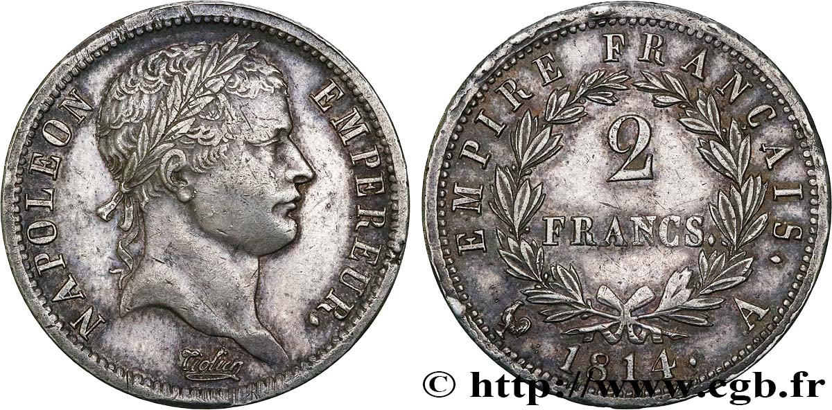 2 francs Napoléon Ier tête laurée, Empire français 1814 Paris F.255/67 SS53 