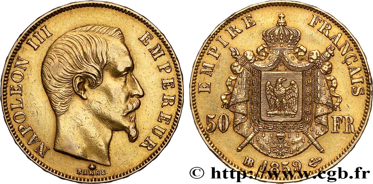 50 francs or Napoléon III, tête nue 1859 Strasbourg F.547/8 TTB