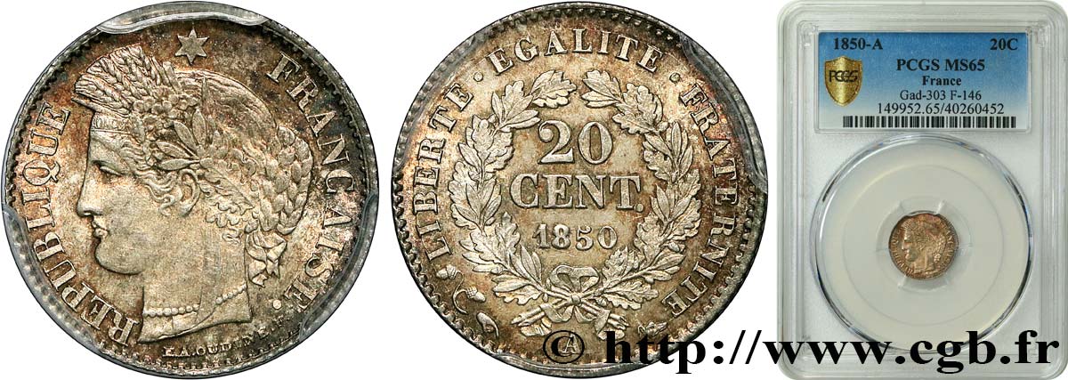 20 centimes Cérès, IIe République 1850 Paris F.146/3 ST65 PCGS