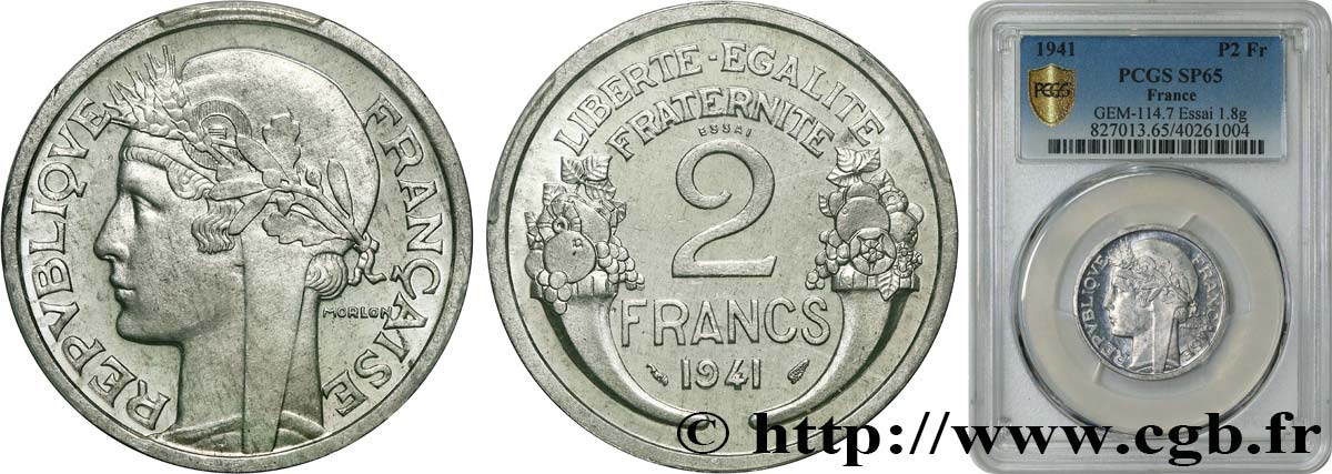 Essai en aluminium de 2 francs Morlon 1941 Paris GEM.114 7 var. ST65 PCGS