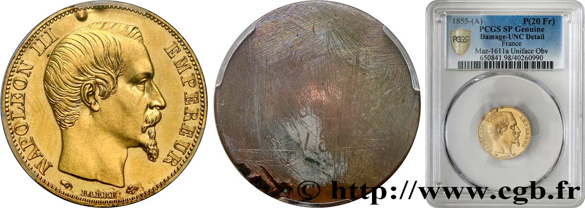 Essai de frappe uniface d’avers de 20 francs or Napoléon III tête nue n.d. Paris Maz.1611 a VZ+ PCGS