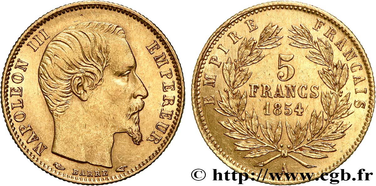5 francs or Napoléon III, tête nue, petit module, tranche cannelée 1854 Paris F.500A/1 SPL 