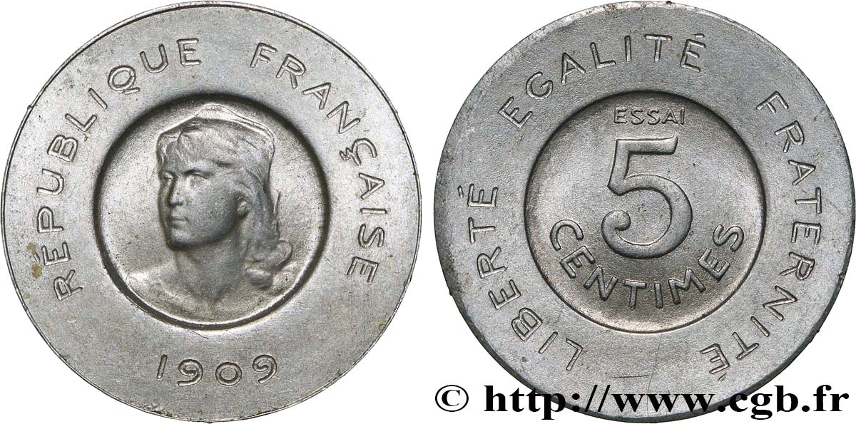 Essai de 5 centimes Rude en aluminium 1909 Paris GEM.15 8 MS63 