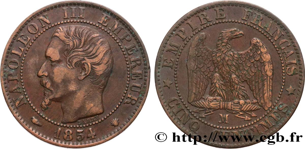 Cinq centimes Napoléon III, tête nue 1854 Marseille F.116/14 VF35