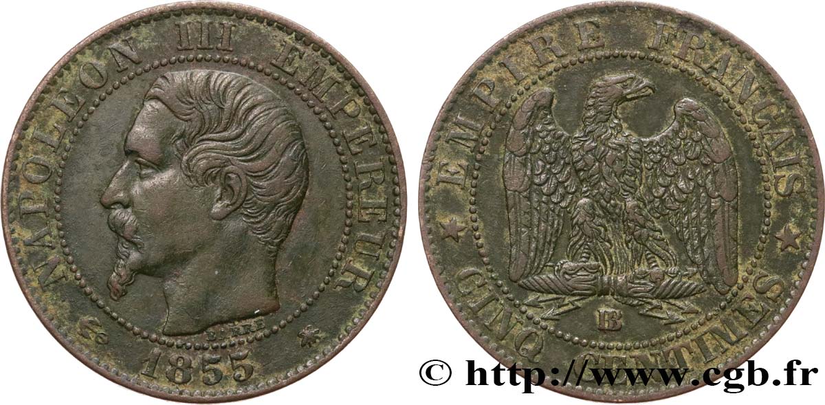 Cinq centimes Napoléon III, tête nue 1855 Strasbourg F.116/21 XF40 