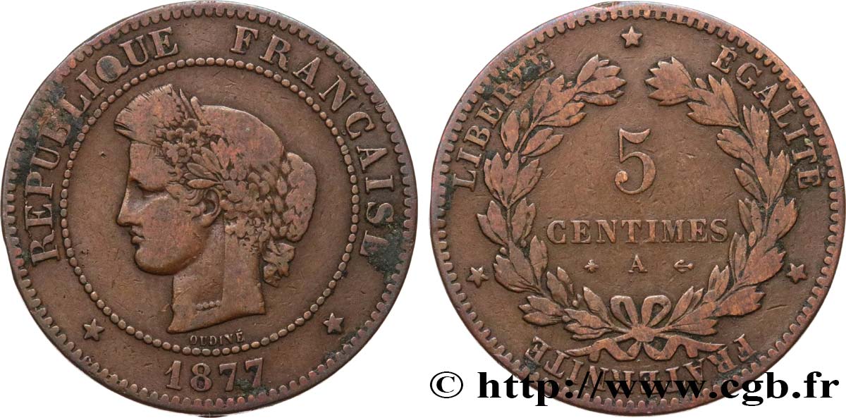 5 centimes Cérès 1877 Paris F.118/15 VF25 