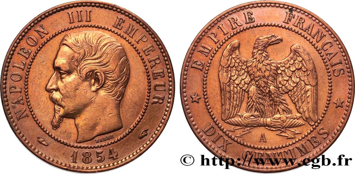 Dix centimes Napoléon III, tête nue 1854 Paris F.133/11 TTB