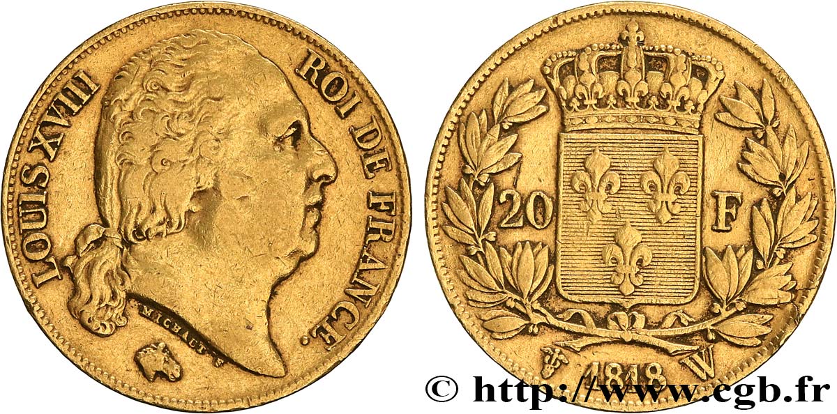 20 francs or Louis XVIII, tête nue 1818 Lille F.519/14 BB 
