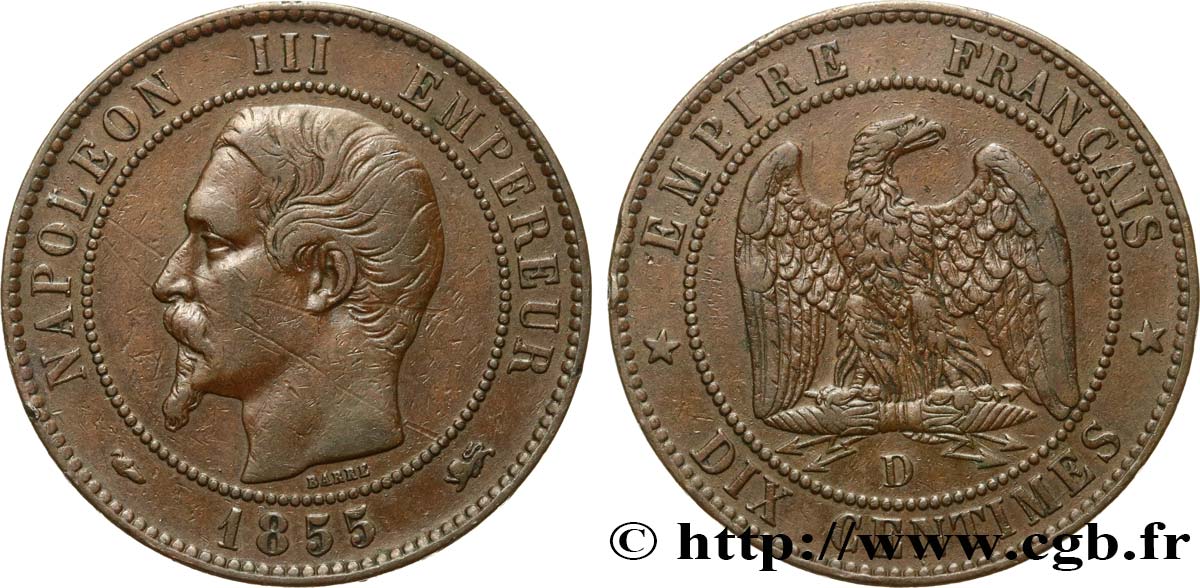 Dix centimes Napoléon III, tête nue 1855 Lyon F.133/25 BB40
