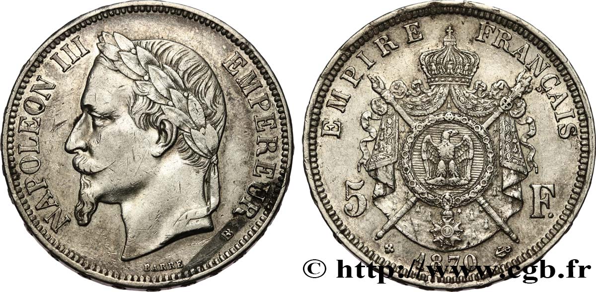 5 francs Napoléon III, tête laurée 1870 Strasbourg F.331/17 XF