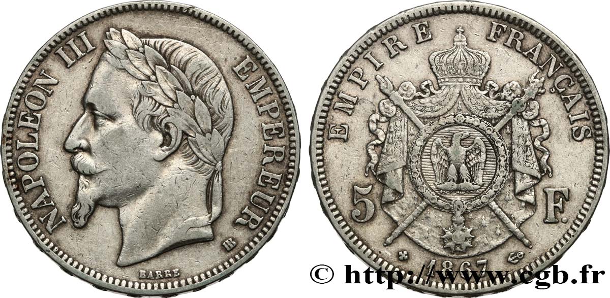 5 francs Napoléon III, tête laurée 1867 Strasbourg F.331/11 VF