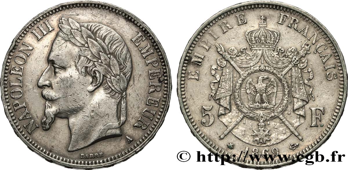 5 francs Napoléon III, tête laurée 1869 Paris F.331/14 fSS 
