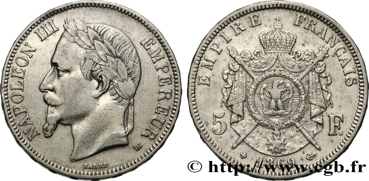 5 francs Napoléon III, tête laurée 1869 Strasbourg F.331/15 TB+
