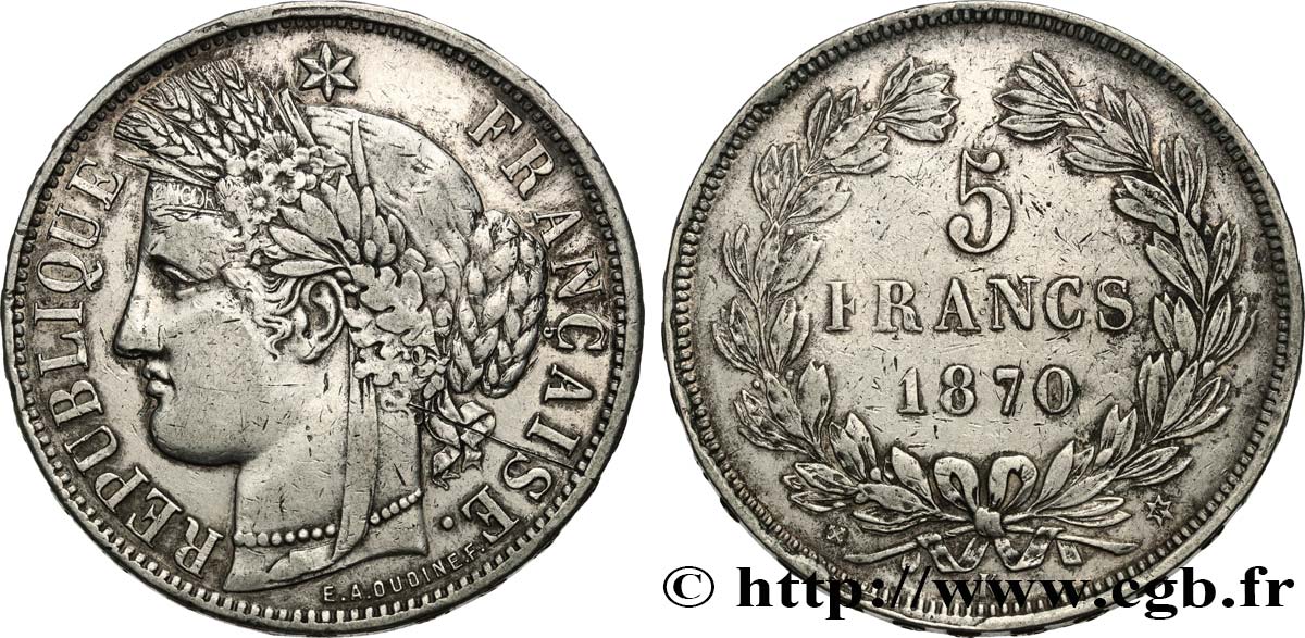 5 francs Cérès, sans légende 1870 Bordeaux F.332/3 fSS 