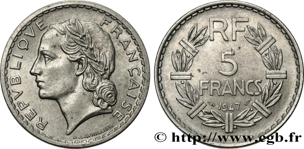 5 francs Lavrillier, aluminium 1947 F.339/9 AU53
