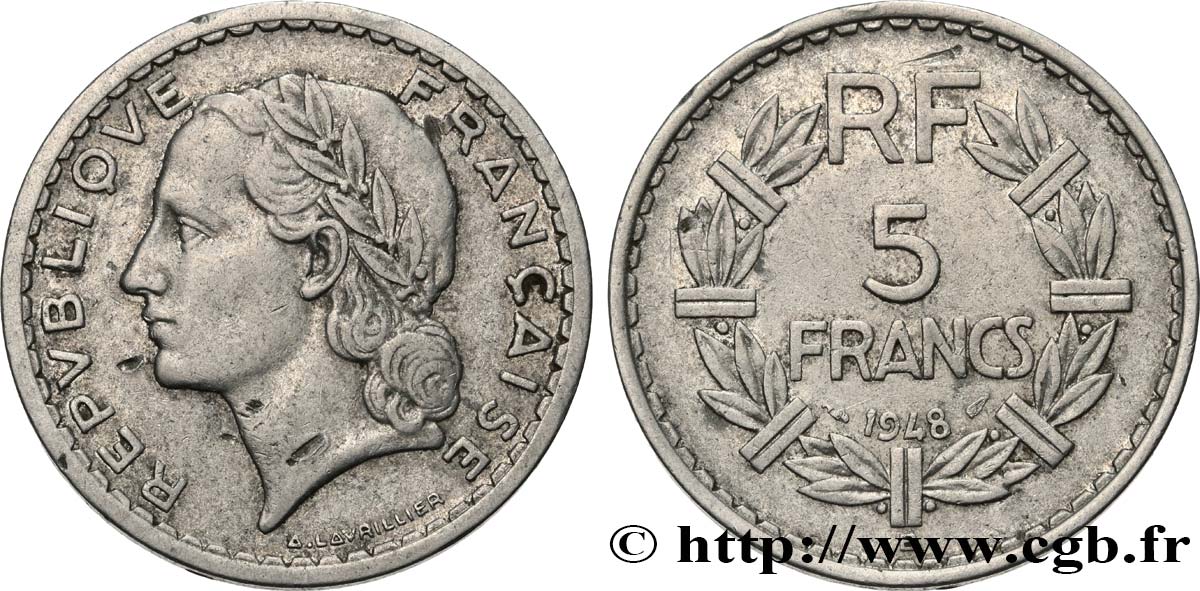 5 francs Lavrillier, aluminium 1948 Beaumont-Le-Roger F.339/15 VF
