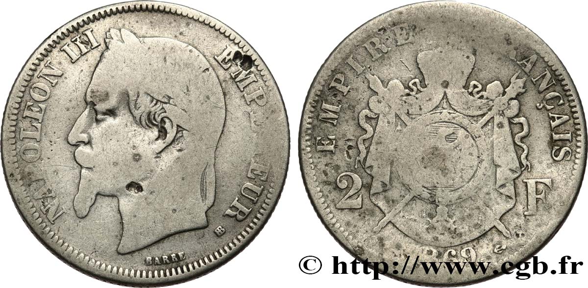 2 francs Napoléon III, tête laurée 1869 Strasbourg F.263/11 B