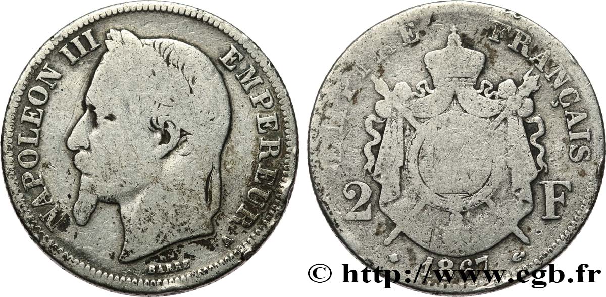 2 francs Napoléon III, tête laurée 1867 Paris F.263/5 VG10