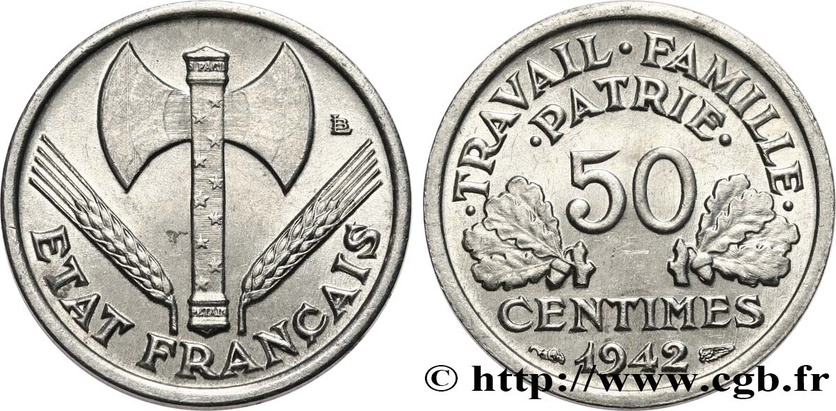 50 centimes Francisque, lourde 1942 Paris F.195/3 SUP+