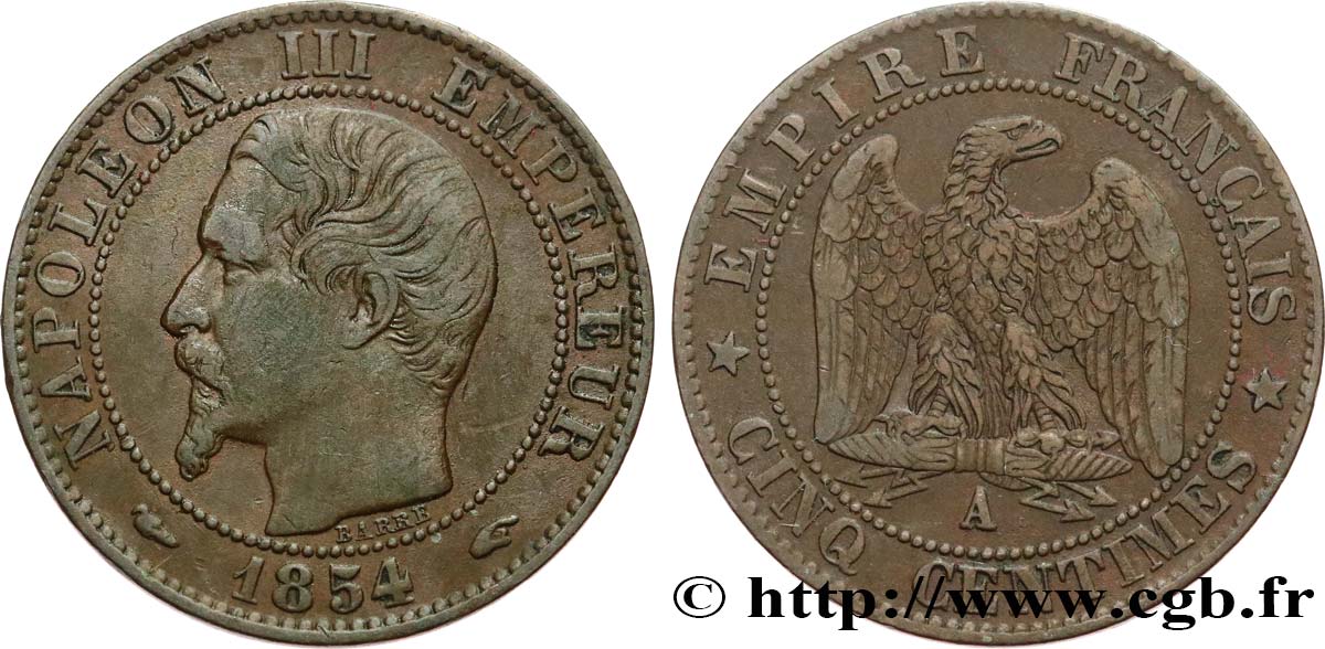 Cinq centimes Napoléon III, tête nue 1854 Paris F.116/8 TB35