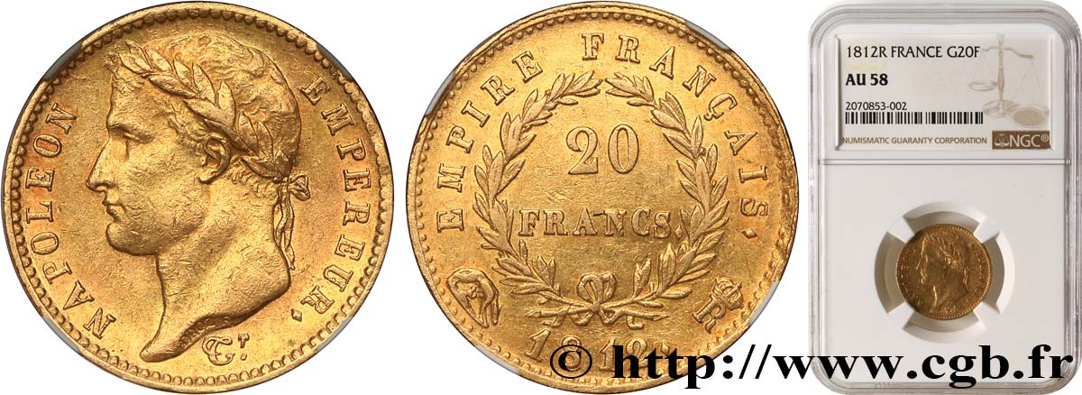 20 francs or Napoléon tête laurée, Empire français 1812 Rome F.516/27 AU58 NGC