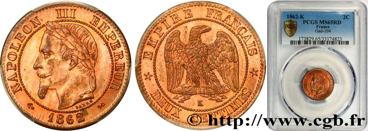 Deux centimes Napoléon III, tête laurée 1862 Bordeaux F.108A/7 FDC65 PCGS
