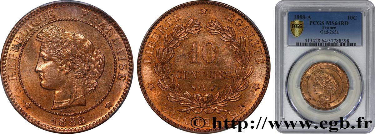 10 centimes Cérès 1888 Paris F.135/33 SPL64 PCGS