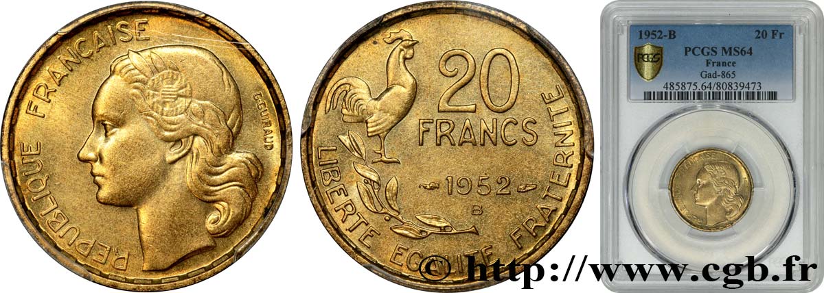 20 francs G. Guiraud 1952 Beaumont-Le-Roger F.402/10 SPL64 PCGS