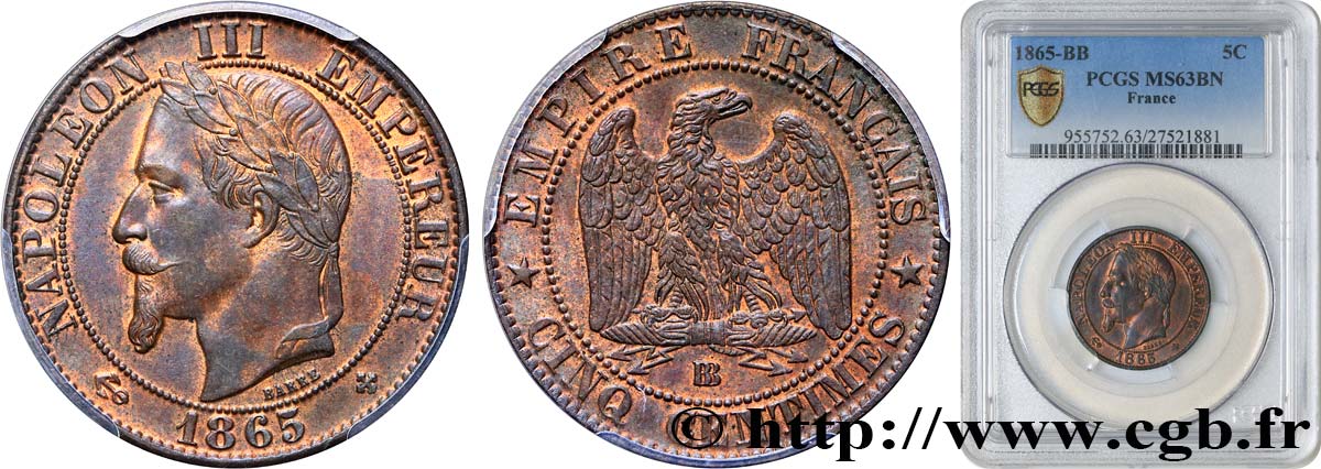 Cinq centimes Napoléon III, tête laurée 1865 Strasbourg F.117/17 SPL63 PCGS