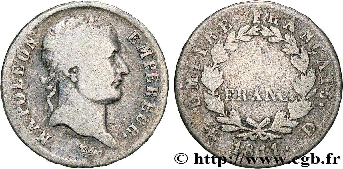 1 franc Napoléon Ier tête laurée, Empire français 1811 Lyon F.205/31 F 