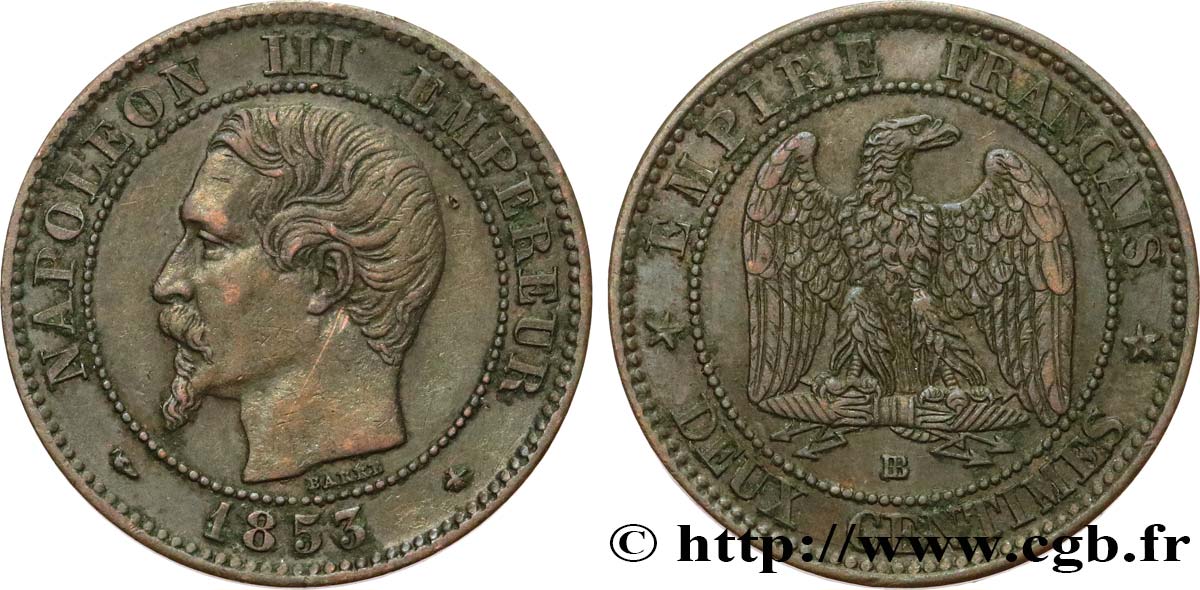 Deux centimes Napoléon III, tête nue 1853 Strasbourg F.107/3 SS 