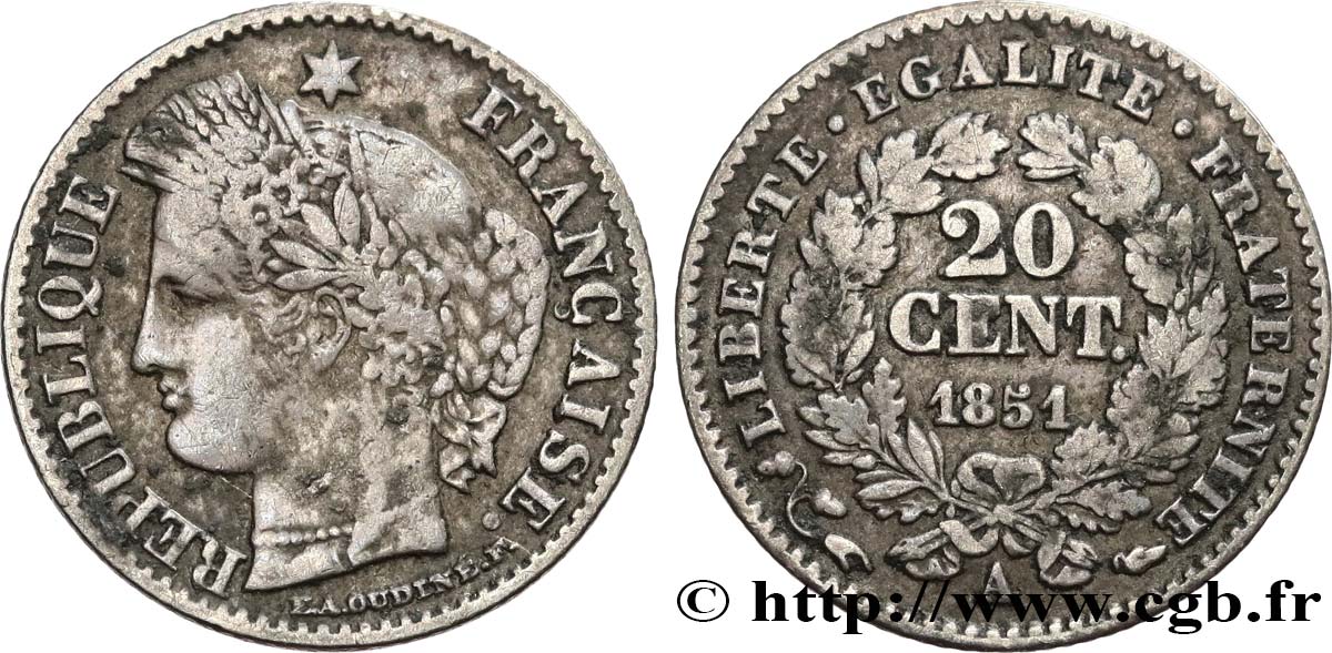20 centimes Cérès, IIe République 1851 Paris F.146/7 MB20 