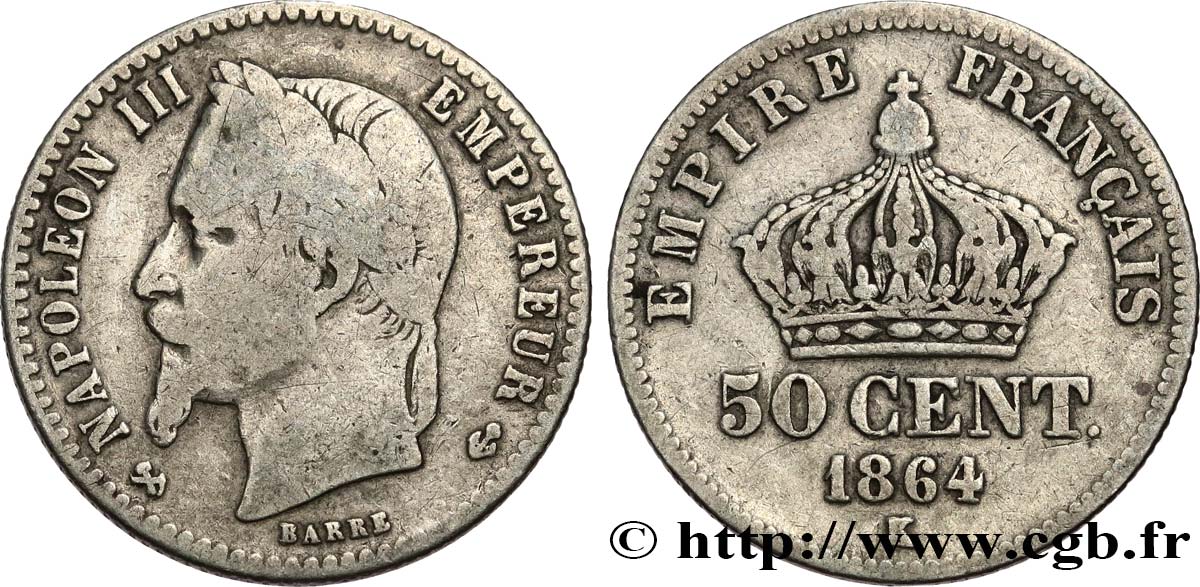 50 centimes Napoléon III, tête laurée 1864 Bordeaux F.188/4 B12