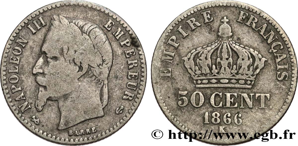 50 centimes Napoléon III, tête laurée 1866 Bordeaux F.188/11 S15 
