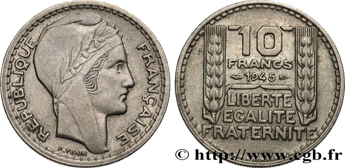 10 francs Turin, grosse tête, rameaux courts 1945  F.361A/1 BB45 