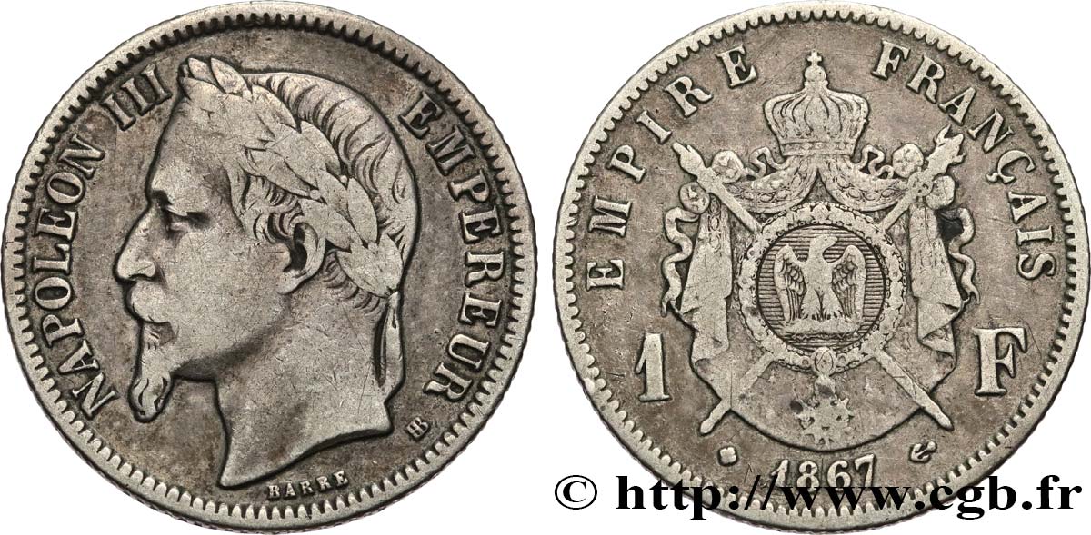 1 franc Napoléon III, tête laurée 1867 Strasbourg F.215/7 TB25