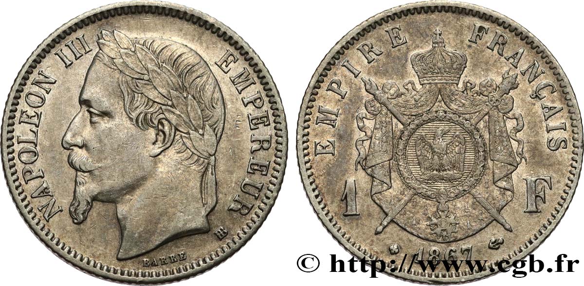 1 franc Napoléon III, tête laurée 1867 Strasbourg F.215/7 TTB