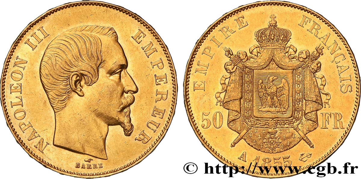 50 francs or Napoléon III, tête nue 1855 Paris F.547/1 SUP+