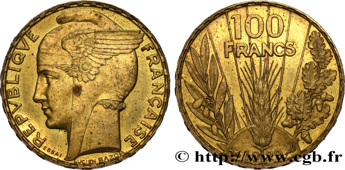 Concours de 100 francs or, essai de Bazor en bronze-aluminium 1929 Paris GEM.288 7 SUP60 