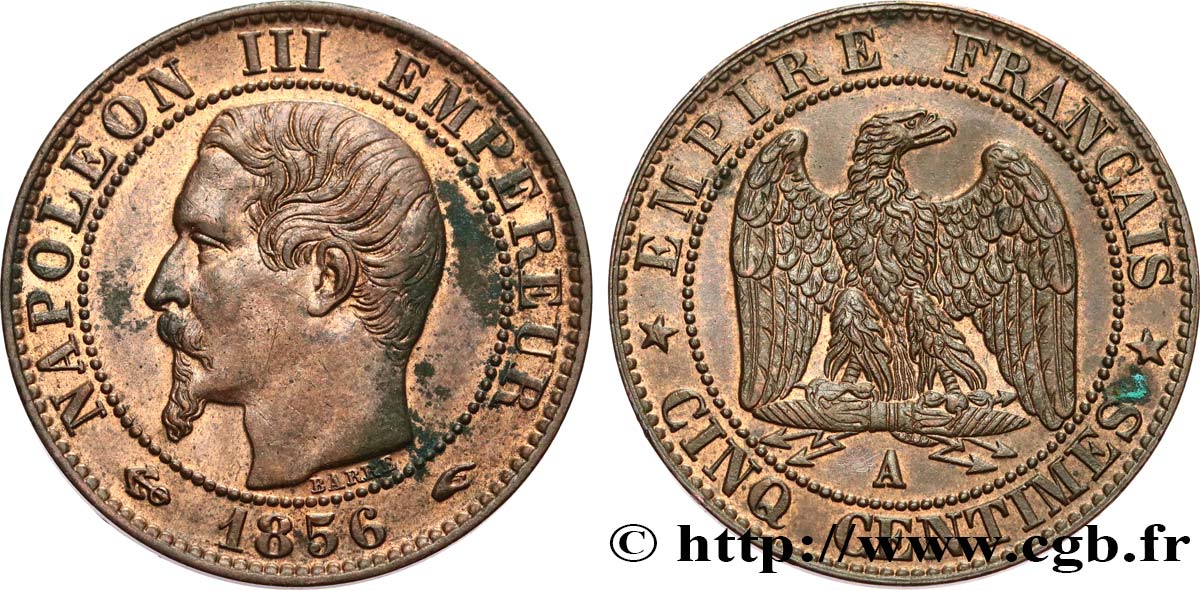 Cinq centimes Napoléon III, tête nue 1856 Paris F.116/30 EBC 