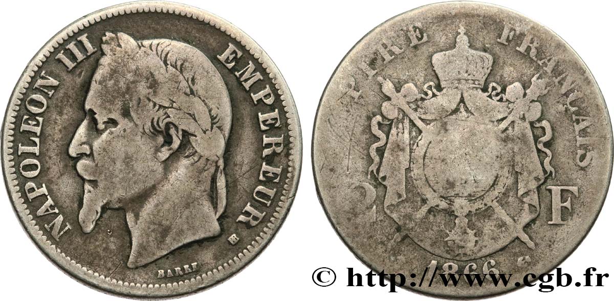 2 francs Napoléon III, tête laurée 1866 Strasbourg F.263/3 F12 