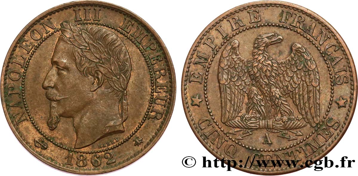 Cinq centimes Napoléon III, tête laurée 1862 Paris F.117/7 AU50 