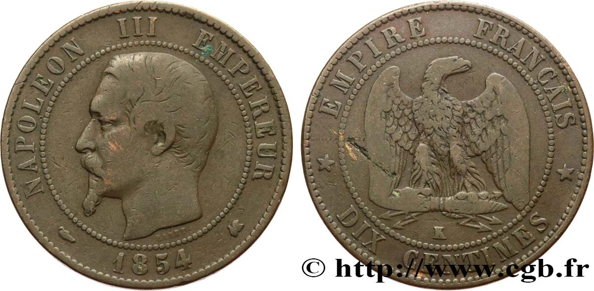 Dix centimes Napoléon III, tête nue 1854 Bordeaux F.133/16 MB15