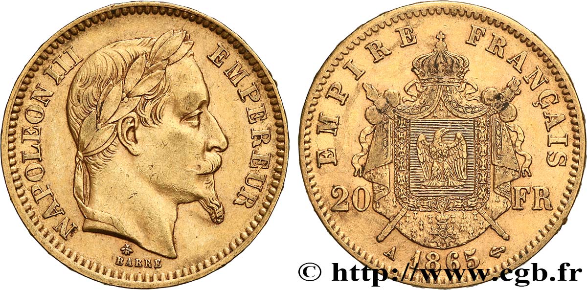 20 francs or Napoléon III, tête laurée 1865 Paris F.532/11 XF 