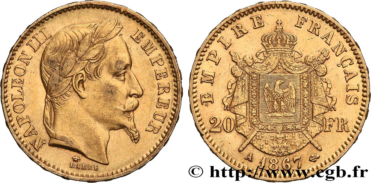 20 francs or Napoléon III, tête laurée 1867 Paris F.532/15 TTB45