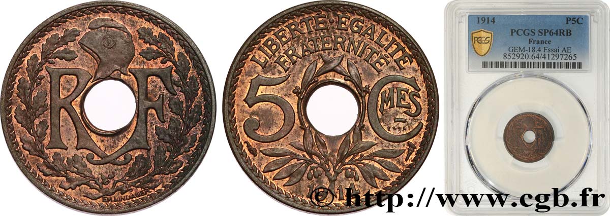 Essai de bronze de 5 Centimes Lindauer, Cmes Souligné 1914 Paris GEM.18 4 fST64 PCGS