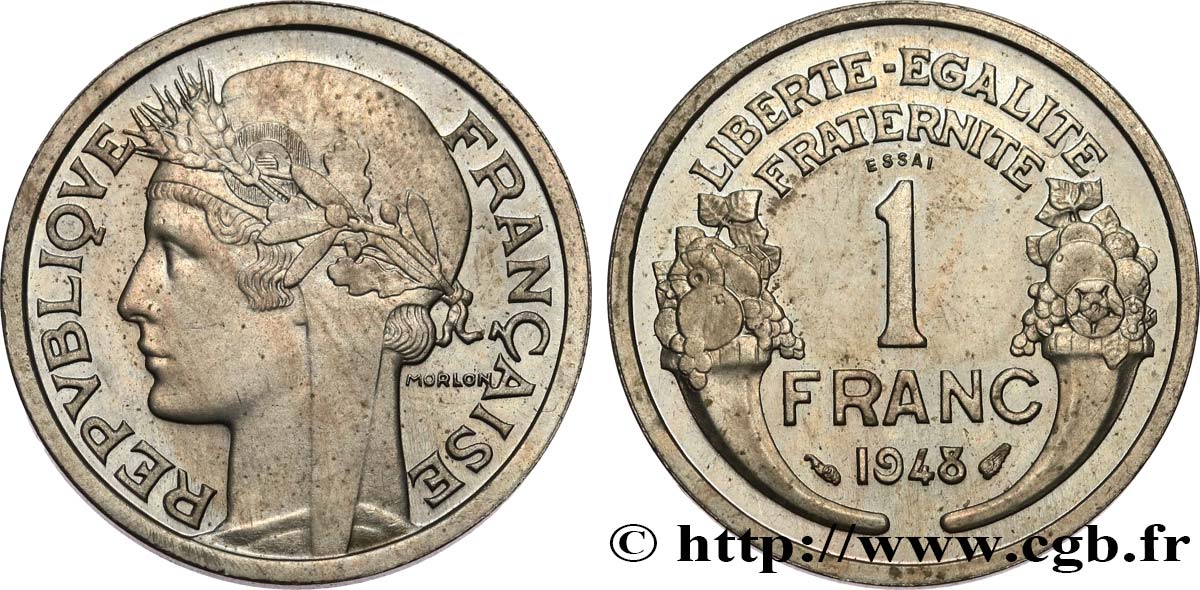 Essai de 1 franc Morlon cupro-nickel à 6 g 1948 Paris GEM.102 3 MS64 