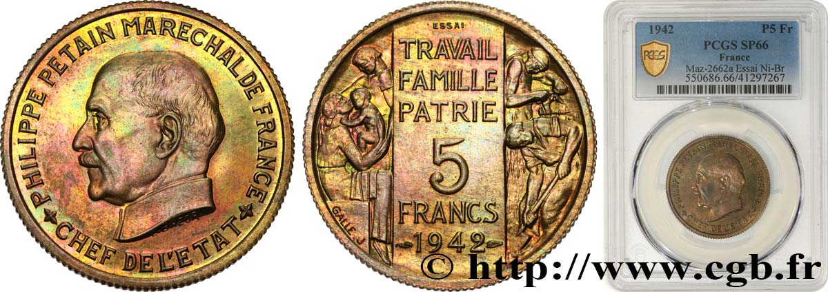 Essai grand module de 5 francs Pétain en bronze-nickel par Bazor et Galle 1942 Paris GEM.143 2 var. FDC66 PCGS
